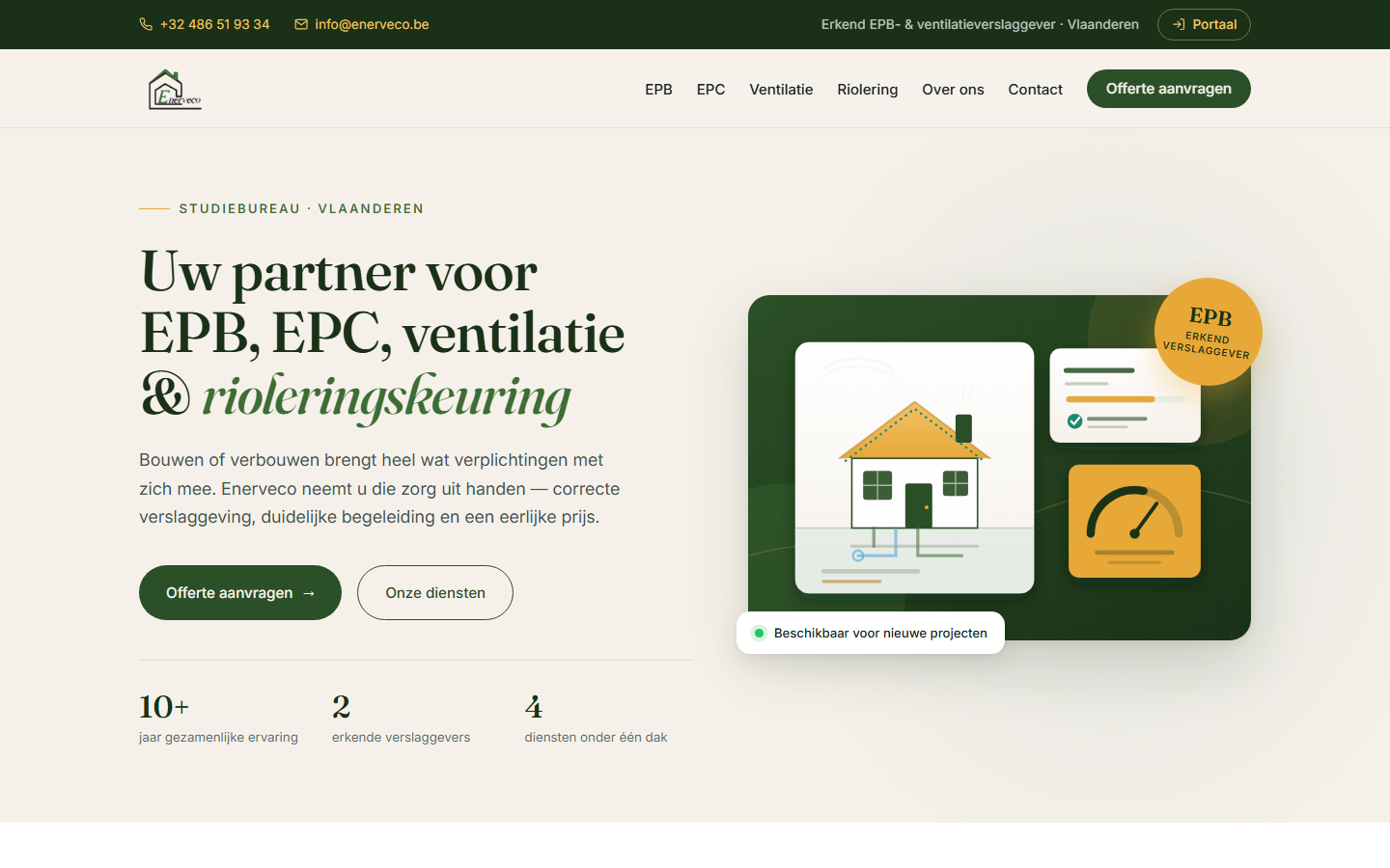 Página inicial do site enerveco.be, construído pela RFAS: hero com título, ilustração técnica e indicadores