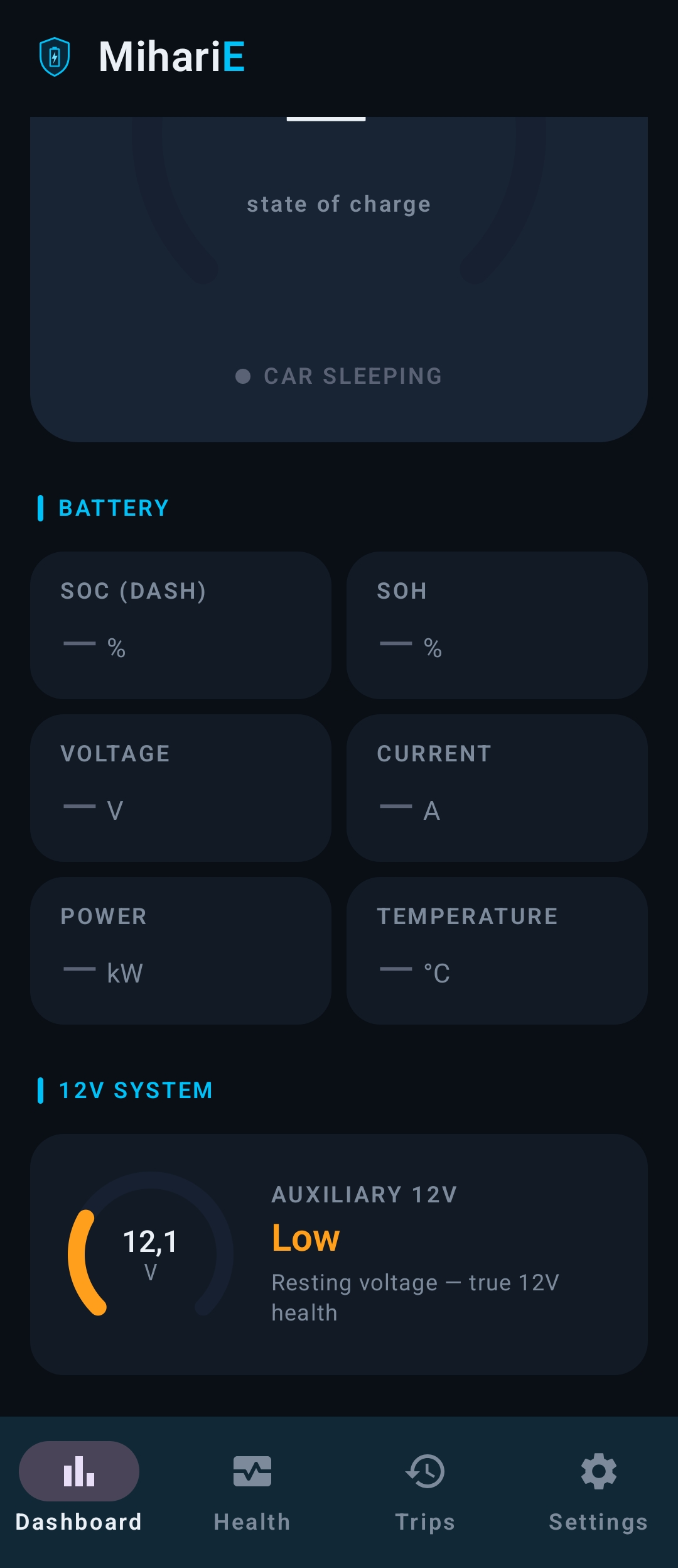 MihariE: sistema de 12 V com alerta de tensão baixa (12,1 V) na bateria auxiliar