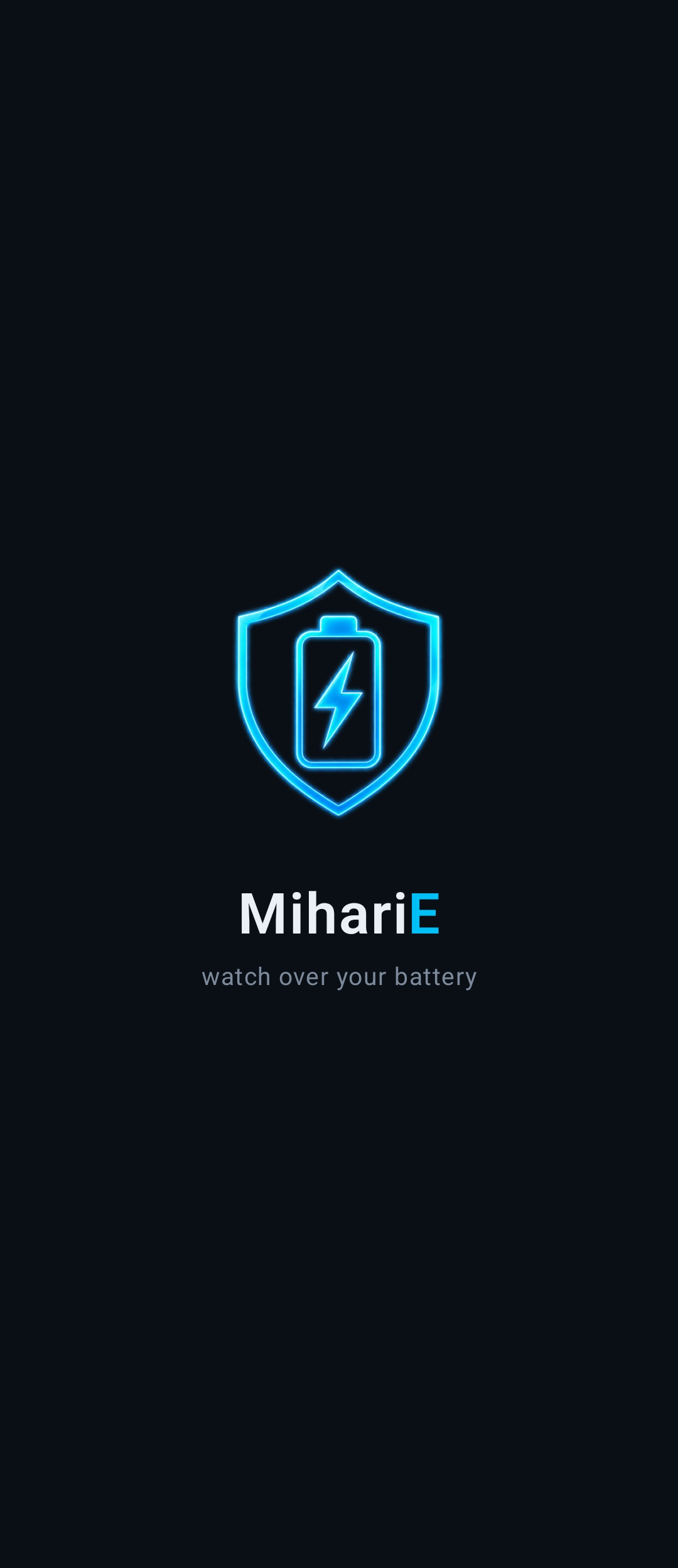 Ecrã de arranque da MihariE: escudo com bateria e o mote watch over your battery