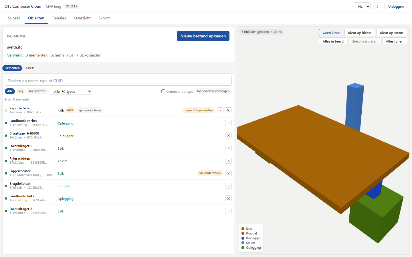 OTL Composer (versão web): lista de elementos IFC de uma ponte com termos OTL atribuídos e visualizador 3D com componentes coloridos por classe